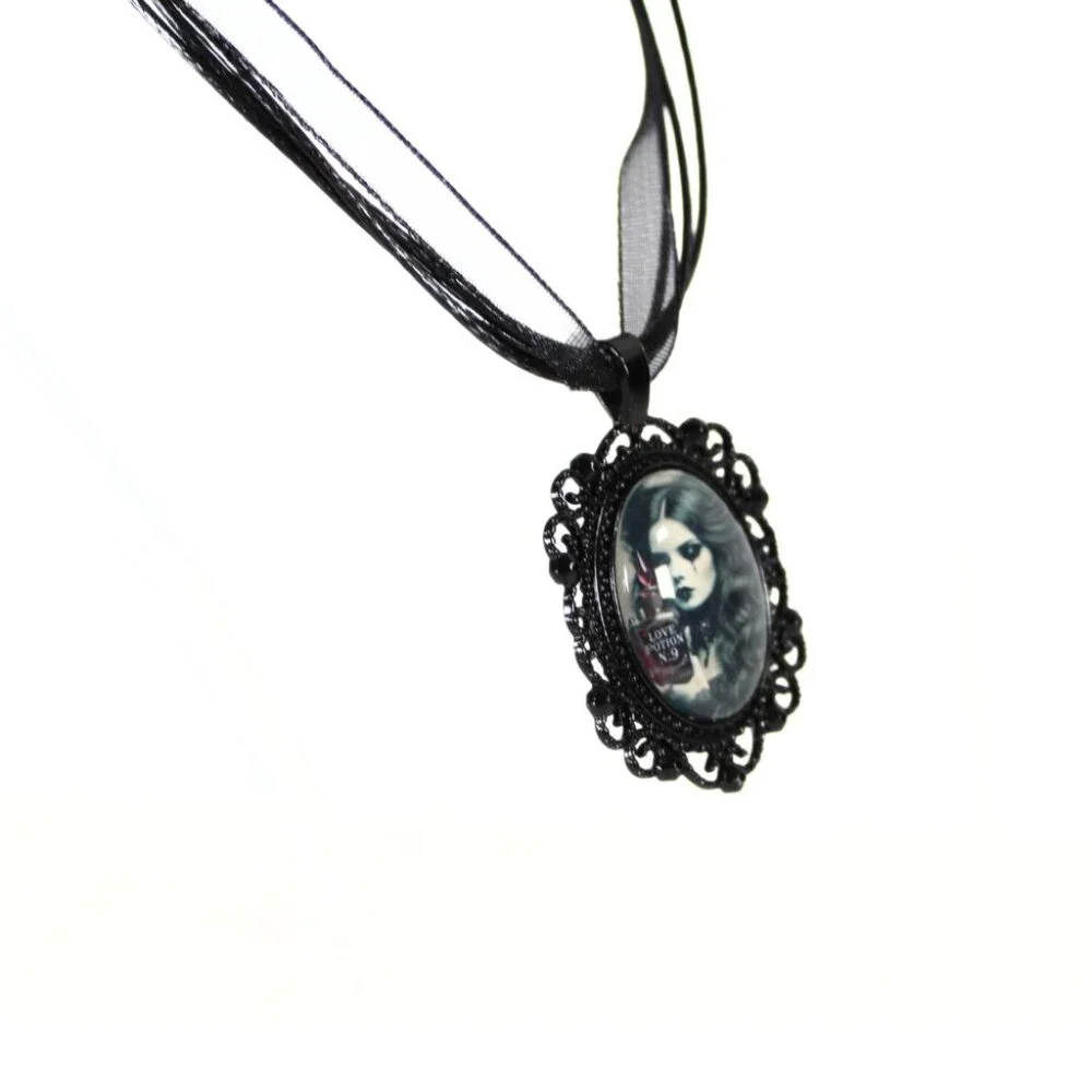 Gothic Victorian Witch Cameo Necklace Black Metal Pendant Love Potion